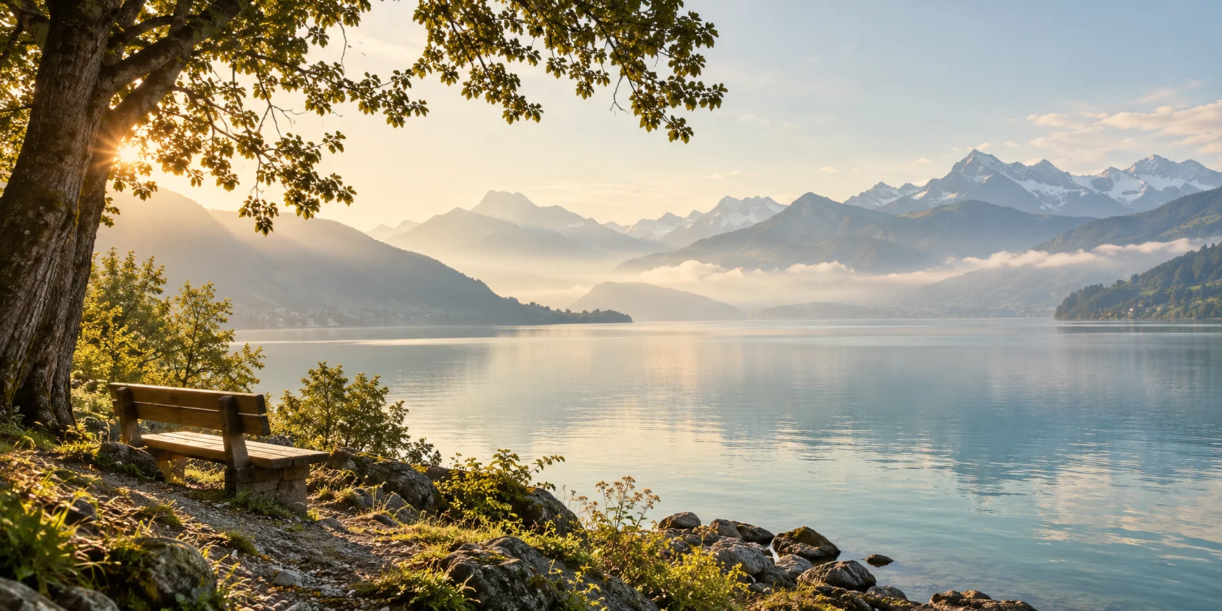 Illustrative alpine lakeshore with an empty bench beneath a tree in soft morning light